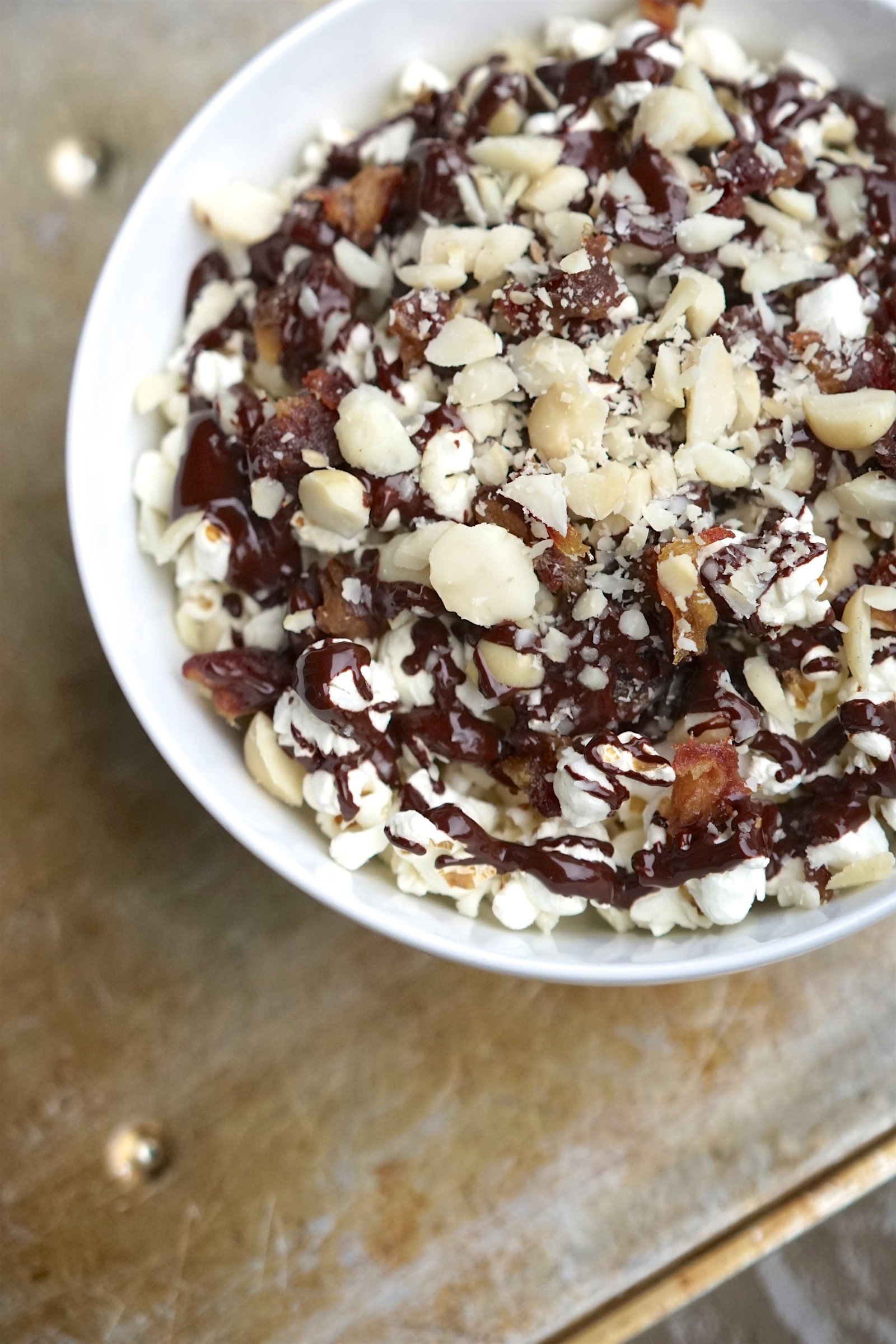 Olive Oil Popcorn with Dark Chocolate, Macadamia Nuts & Dates Living